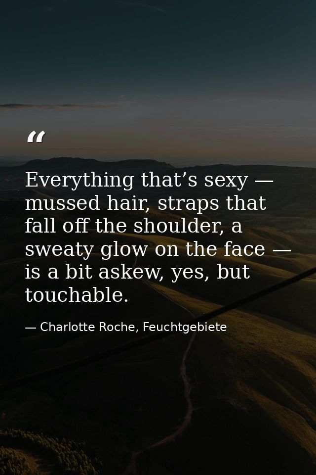 Everything that’s sexy — mussed hair, straps that fall off the shoulder, a sweaty glow on the face — is a bit askew, yes — Charlotte Roche, Feuchtgebiete