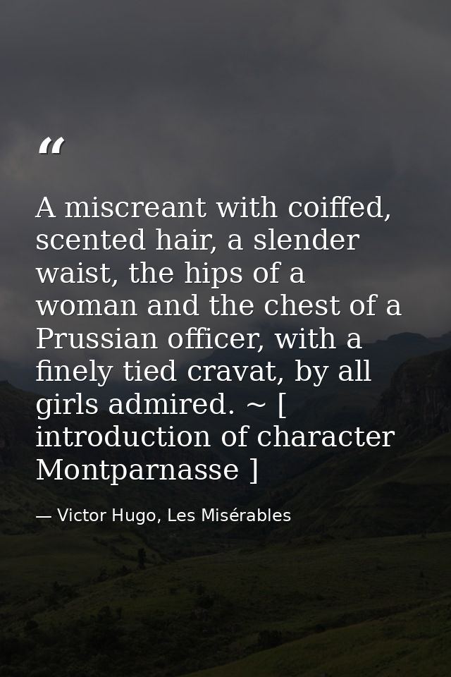 A miscreant with coiffed, scented hair, a slender waist, the hips of a woman and the chest of a Prussian officer, with a — Victor Hugo, Les Misérables