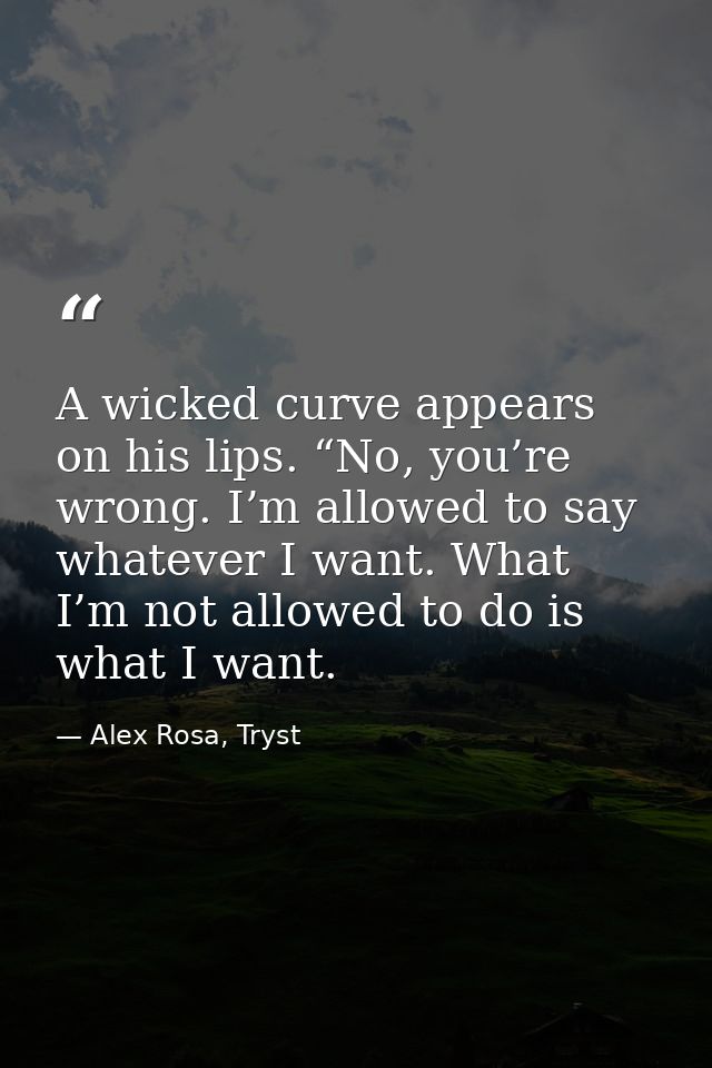 A wicked curve appears on his lips. “No, you’re wrong. I’m allowed to say whatever I want. What I’m not allowed to do is — Alex Rosa, Tryst