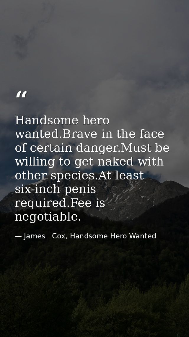 Handsome hero wanted.Brave in the face of certain danger.Must be willing to get naked with other species.At least six-in — James   Cox, Handsome Hero Wanted