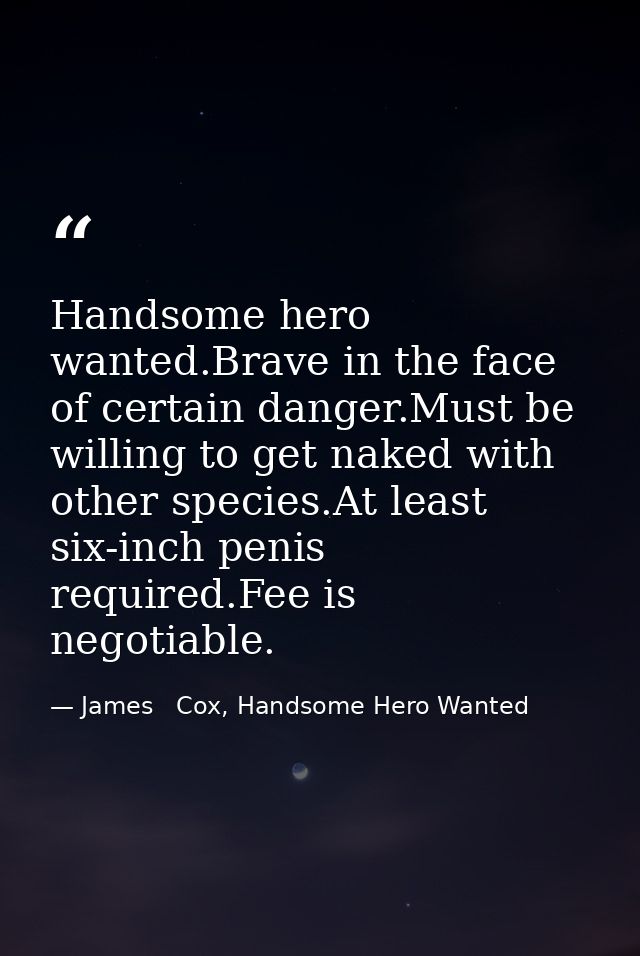 Handsome hero wanted.Brave in the face of certain danger.Must be willing to get naked with other species.At least six-in — James   Cox, Handsome Hero Wanted