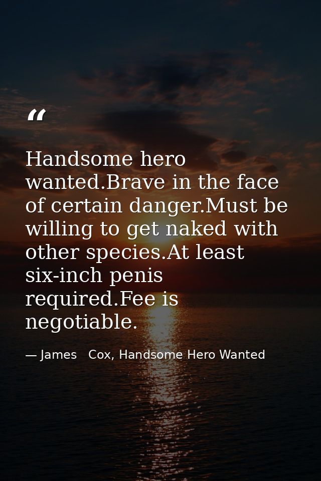 Handsome hero wanted.Brave in the face of certain danger.Must be willing to get naked with other species.At least six-in — James   Cox, Handsome Hero Wanted