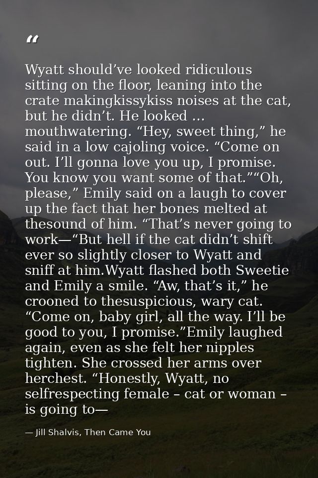 Wyatt should’ve looked ridiculous sitting on the floor, leaning into the crate makingkissykiss noises at the cat, but he — Jill Shalvis, Then Came You