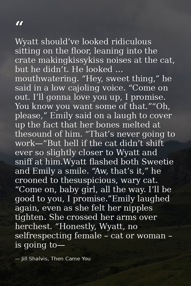 Wyatt should’ve looked ridiculous sitting on the floor, leaning into the crate makingkissykiss noises at the cat, but he — Jill Shalvis, Then Came You