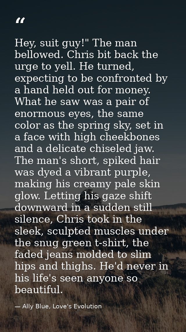 Hey, suit guy!" The man bellowed. Chris bit back the urge to yell. He turned, expecting to be confronted by a hand held  — Ally Blue, Love's Evolution