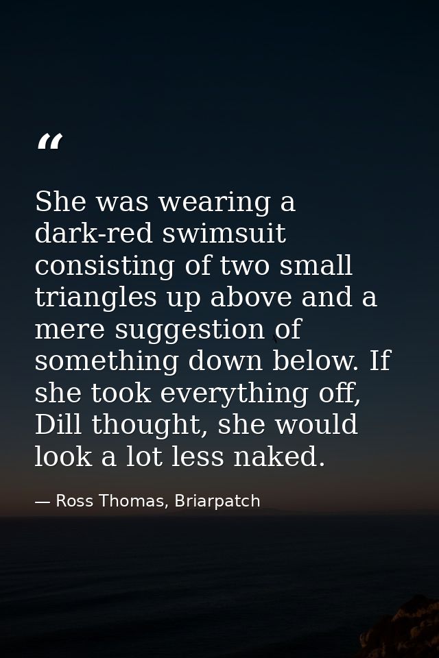 She was wearing a dark-red swimsuit consisting of two small triangles up above and a mere suggestion of something down b — Ross Thomas, Briarpatch