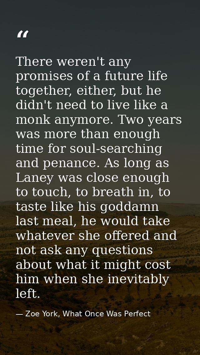 There weren't any promises of a future life together, either, but he didn't need to live like a monk anymore. Two years  — Zoe York, What Once Was Perfect