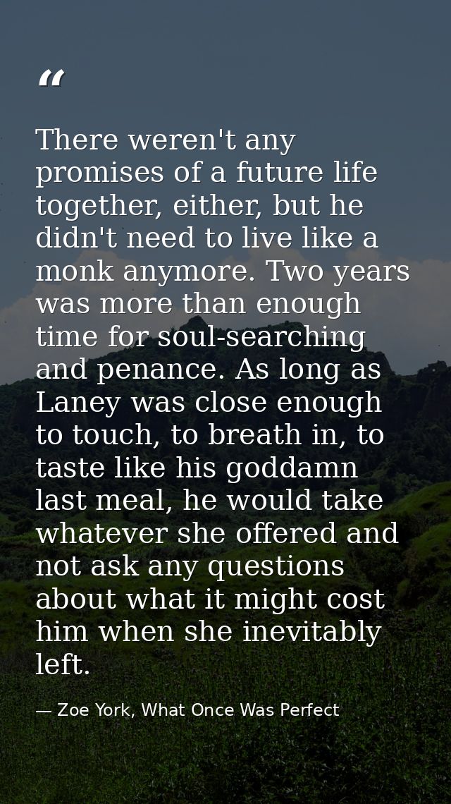 There weren't any promises of a future life together, either, but he didn't need to live like a monk anymore. Two years  — Zoe York, What Once Was Perfect