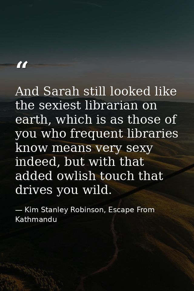 And Sarah still looked like the sexiest librarian on earth, which is as those of you who frequent libraries know means v — Kim Stanley Robinson, Escape From Kathmandu