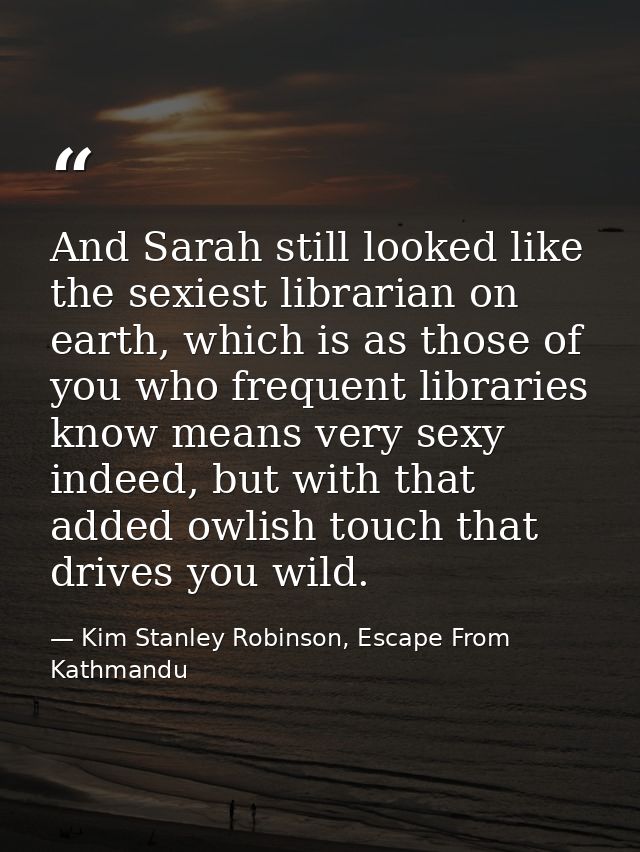 And Sarah still looked like the sexiest librarian on earth, which is as those of you who frequent libraries know means v — Kim Stanley Robinson, Escape From Kathmandu