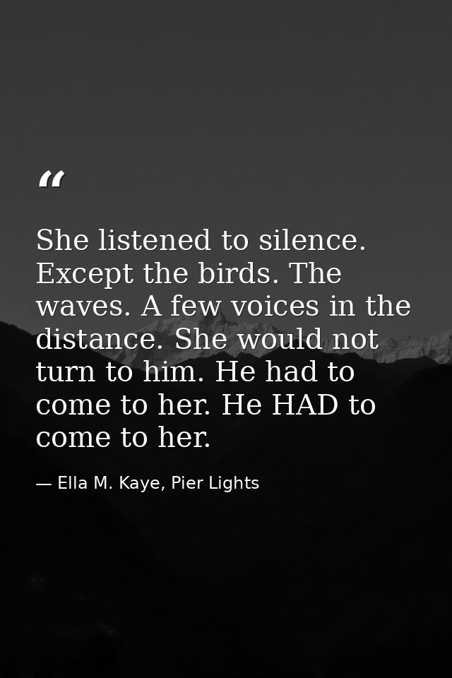 She listened to silence. Except the birds. The waves. A few voices in the distance. She would not turn to him. He had to — Ella M. Kaye, Pier Lights