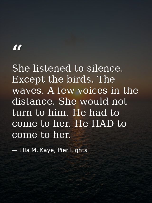 She listened to silence. Except the birds. The waves. A few voices in the distance. She would not turn to him. He had to — Ella M. Kaye, Pier Lights