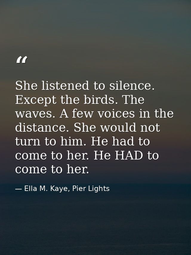 She listened to silence. Except the birds. The waves. A few voices in the distance. She would not turn to him. He had to — Ella M. Kaye, Pier Lights