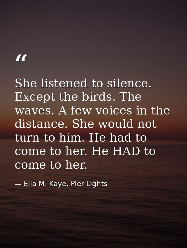 She listened to silence. Except the birds. The waves. A few voices in the distance. She would not turn to him. He had to — Ella M. Kaye, Pier Lights