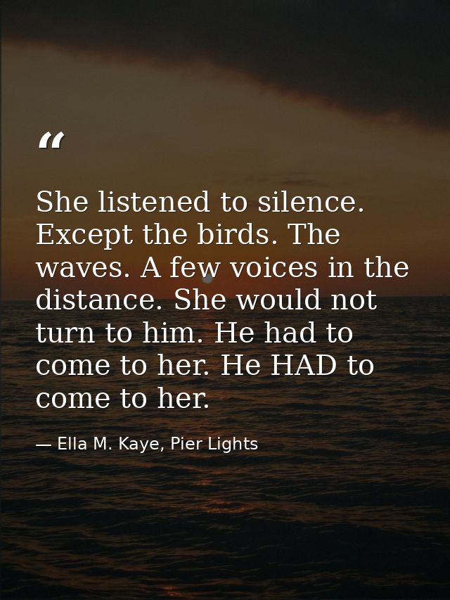 She listened to silence. Except the birds. The waves. A few voices in the distance. She would not turn to him. He had to — Ella M. Kaye, Pier Lights
