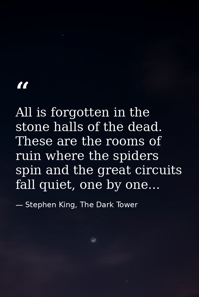 All is forgotten in the stone halls of the dead. These are the rooms of ruin where the spiders spin and the great circui — Stephen King, The Dark Tower