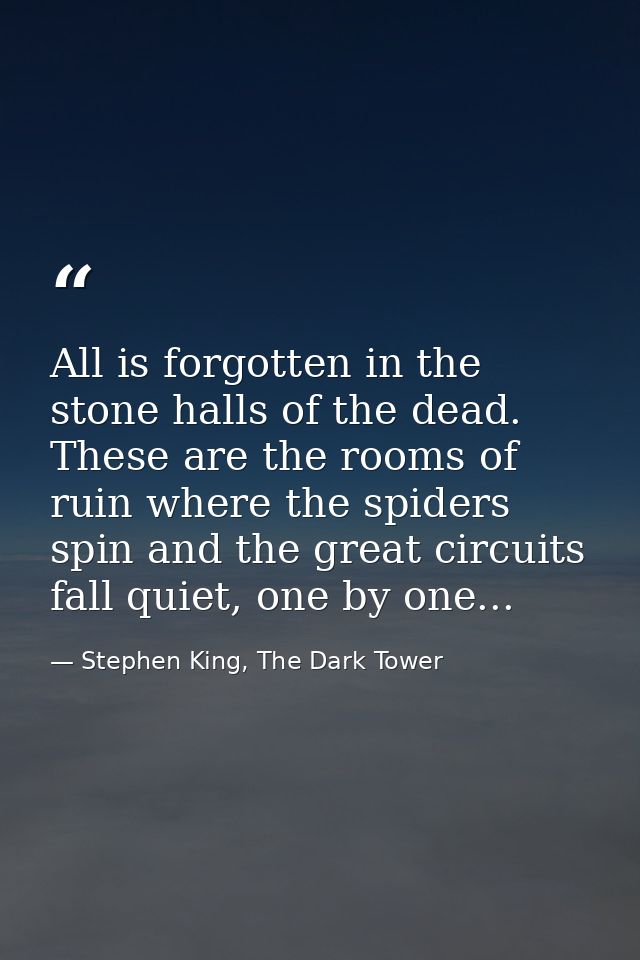 All is forgotten in the stone halls of the dead. These are the rooms of ruin where the spiders spin and the great circui — Stephen King, The Dark Tower