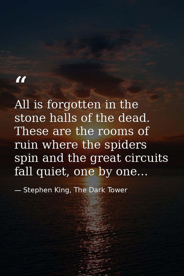 All is forgotten in the stone halls of the dead. These are the rooms of ruin where the spiders spin and the great circui — Stephen King, The Dark Tower