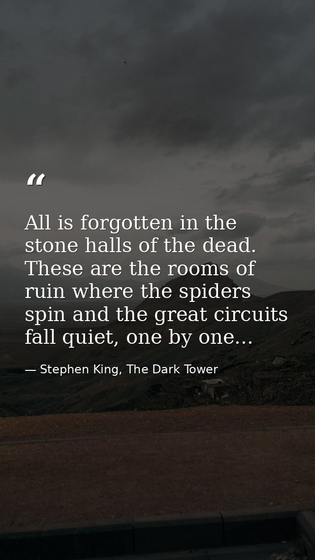 All is forgotten in the stone halls of the dead. These are the rooms of ruin where the spiders spin and the great circui — Stephen King, The Dark Tower