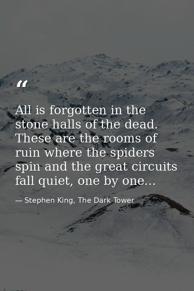 All is forgotten in the stone halls of the dead. These are the rooms of ruin where the spiders spin and the great circui — Stephen King, The Dark Tower
