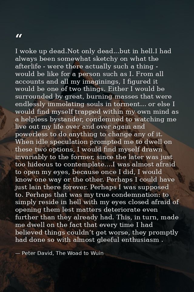 I woke up dead.Not only dead...but in hell.I had always been somewhat sketchy on what the afterlife - were there actuall — Peter David, The Woad to Wuin