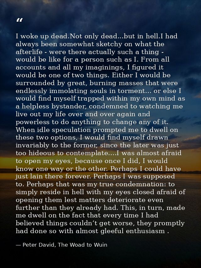 I woke up dead.Not only dead...but in hell.I had always been somewhat sketchy on what the afterlife - were there actuall — Peter David, The Woad to Wuin