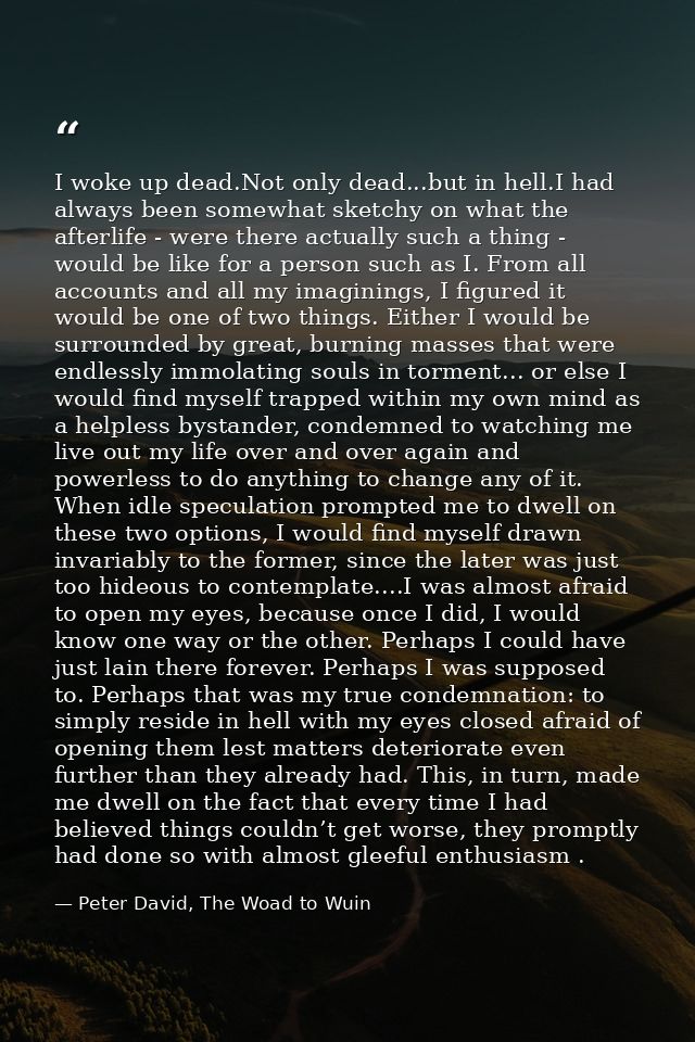 I woke up dead.Not only dead...but in hell.I had always been somewhat sketchy on what the afterlife - were there actuall — Peter David, The Woad to Wuin