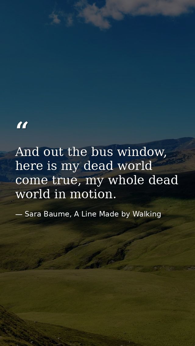 And out the bus window, here is my dead world come true, my whole dead world in motion. — Sara Baume, A Line Made by Walking