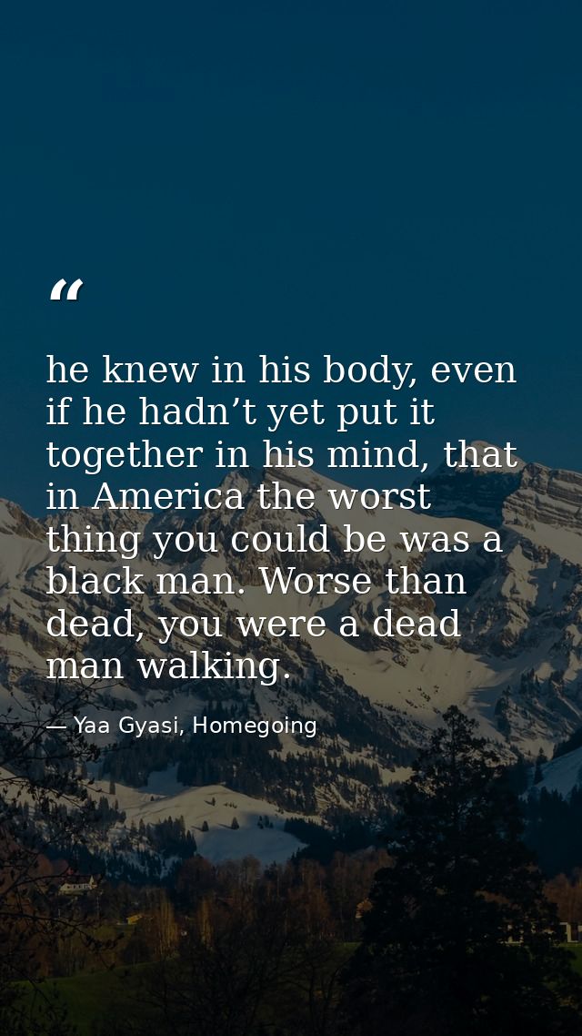 he knew in his body, even if he hadn’t yet put it together in his mind, that in America the worst thing you could be was — Yaa Gyasi, Homegoing