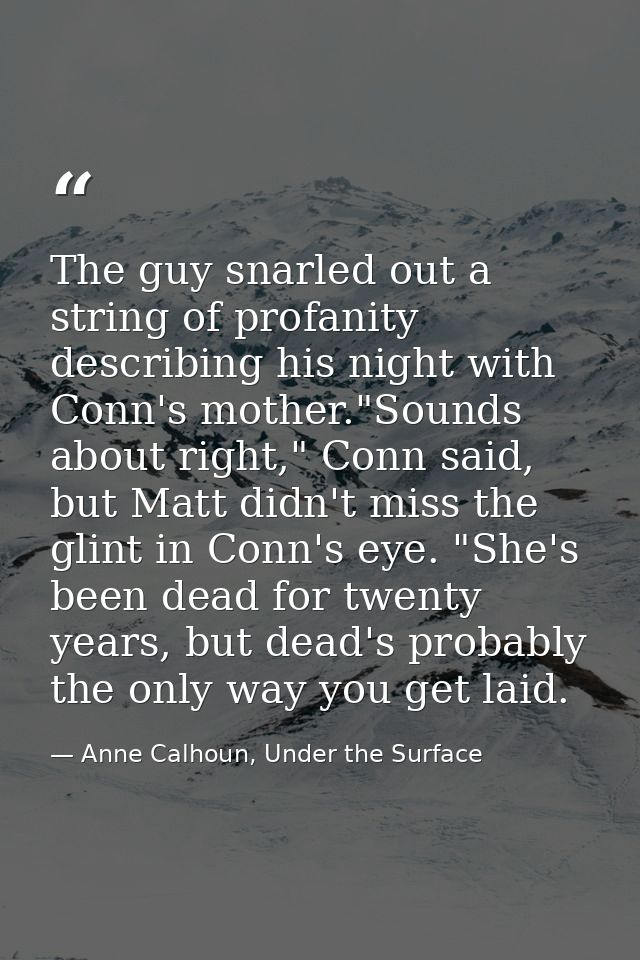 The guy snarled out a string of profanity describing his night with Conn's mother."Sounds about right," Conn said, but M — Anne Calhoun, Under the Surface