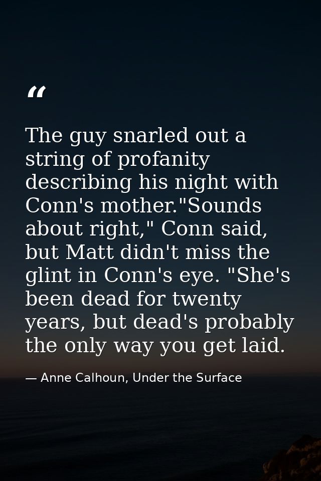 The guy snarled out a string of profanity describing his night with Conn's mother."Sounds about right," Conn said, but M — Anne Calhoun, Under the Surface