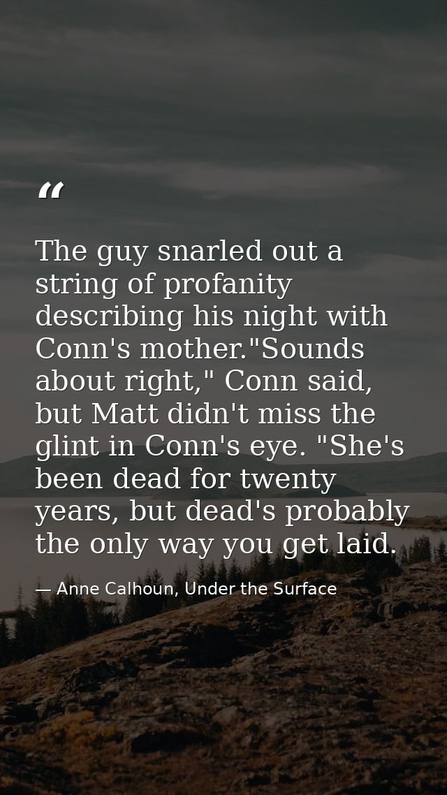The guy snarled out a string of profanity describing his night with Conn's mother."Sounds about right," Conn said, but M — Anne Calhoun, Under the Surface