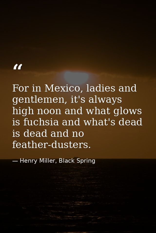 For in Mexico, ladies and gentlemen, it's always high noon and what glows is fuchsia and what's dead is dead and no feat — Henry Miller, Black Spring
