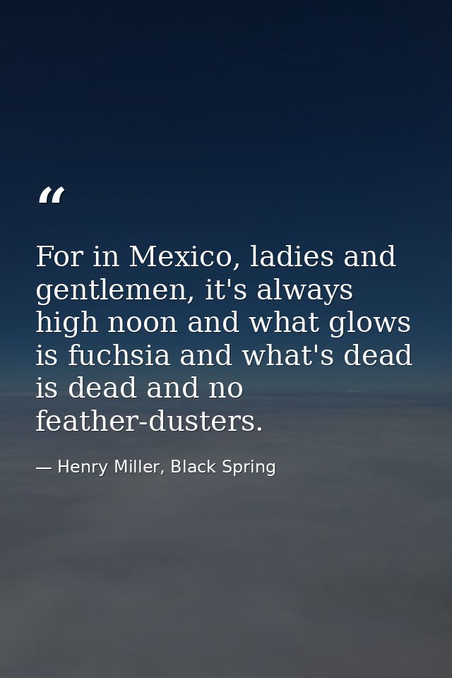 For in Mexico, ladies and gentlemen, it's always high noon and what glows is fuchsia and what's dead is dead and no feat — Henry Miller, Black Spring