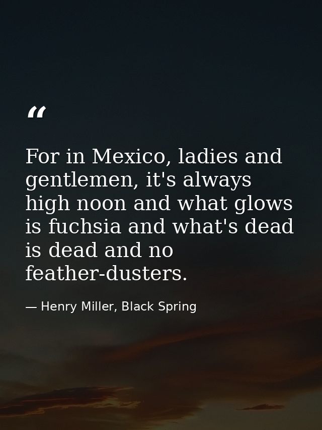 For in Mexico, ladies and gentlemen, it's always high noon and what glows is fuchsia and what's dead is dead and no feat — Henry Miller, Black Spring