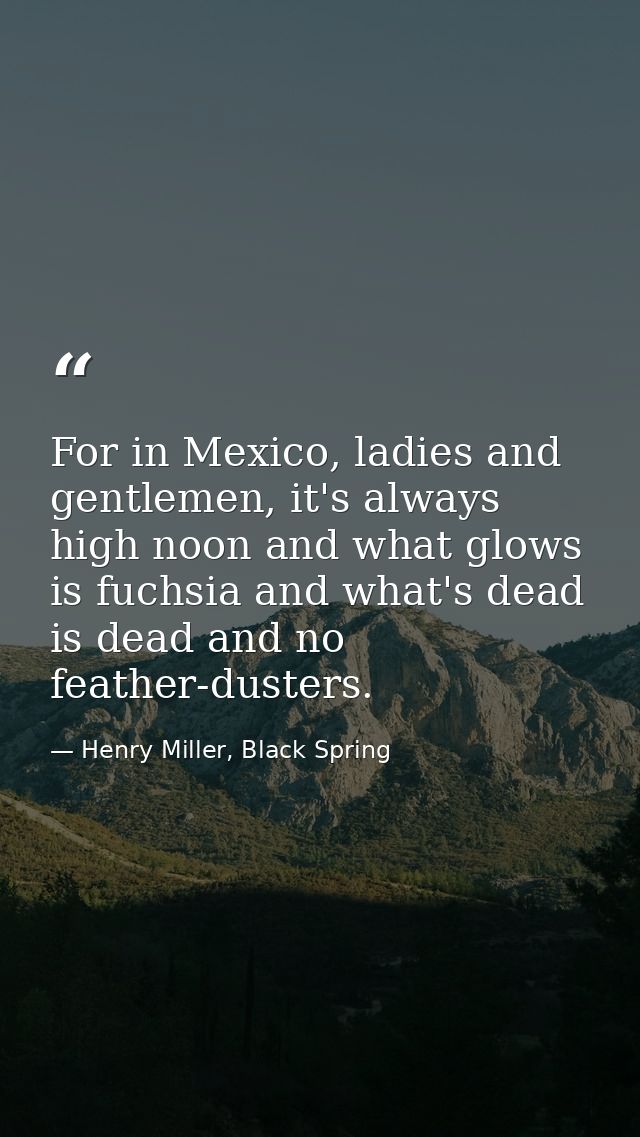 For in Mexico, ladies and gentlemen, it's always high noon and what glows is fuchsia and what's dead is dead and no feat — Henry Miller, Black Spring