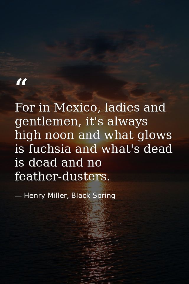 For in Mexico, ladies and gentlemen, it's always high noon and what glows is fuchsia and what's dead is dead and no feat — Henry Miller, Black Spring