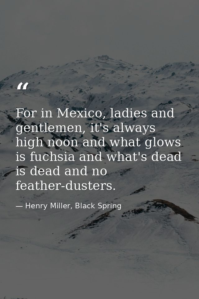For in Mexico, ladies and gentlemen, it's always high noon and what glows is fuchsia and what's dead is dead and no feat — Henry Miller, Black Spring