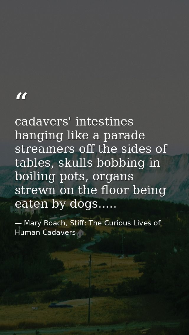 cadavers' intestines hanging like a parade streamers off the sides of tables, skulls bobbing in boiling pots, organs str — Mary Roach, Stiff: The Curious Lives of Human Cadavers
