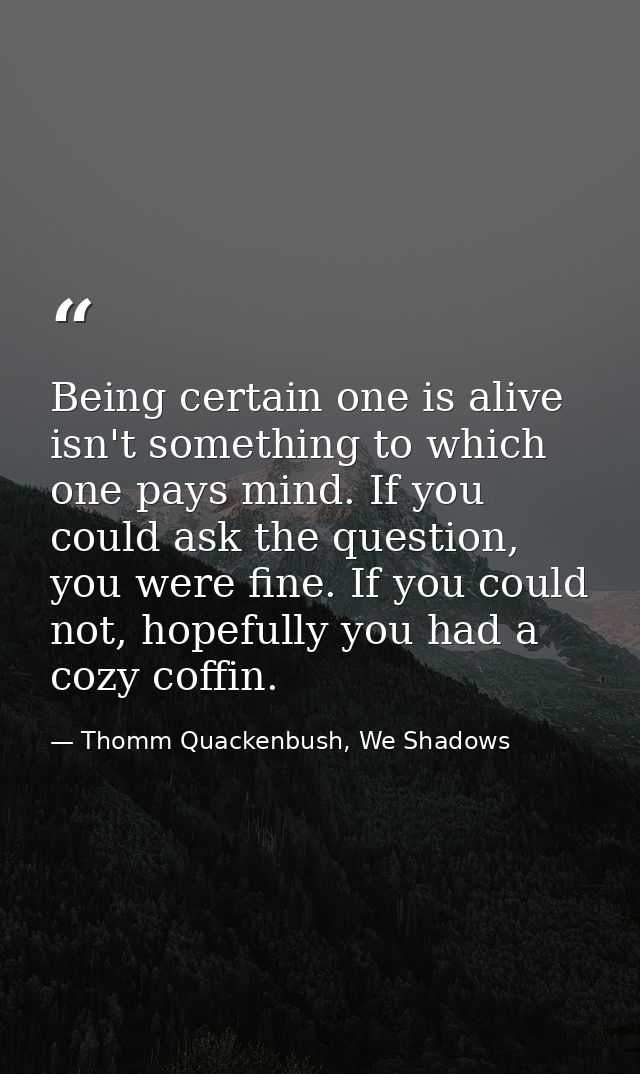 Being certain one is alive isn't something to which one pays mind. If you could ask the question, you were fine. If you  — Thomm Quackenbush, We Shadows