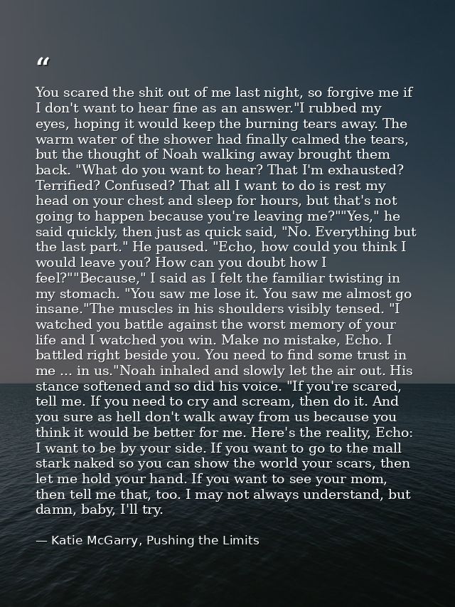 You scared the shit out of me last night, so forgive me if I don't want to hear fine as an answer."I rubbed my eyes, hop — Katie McGarry, Pushing the Limits