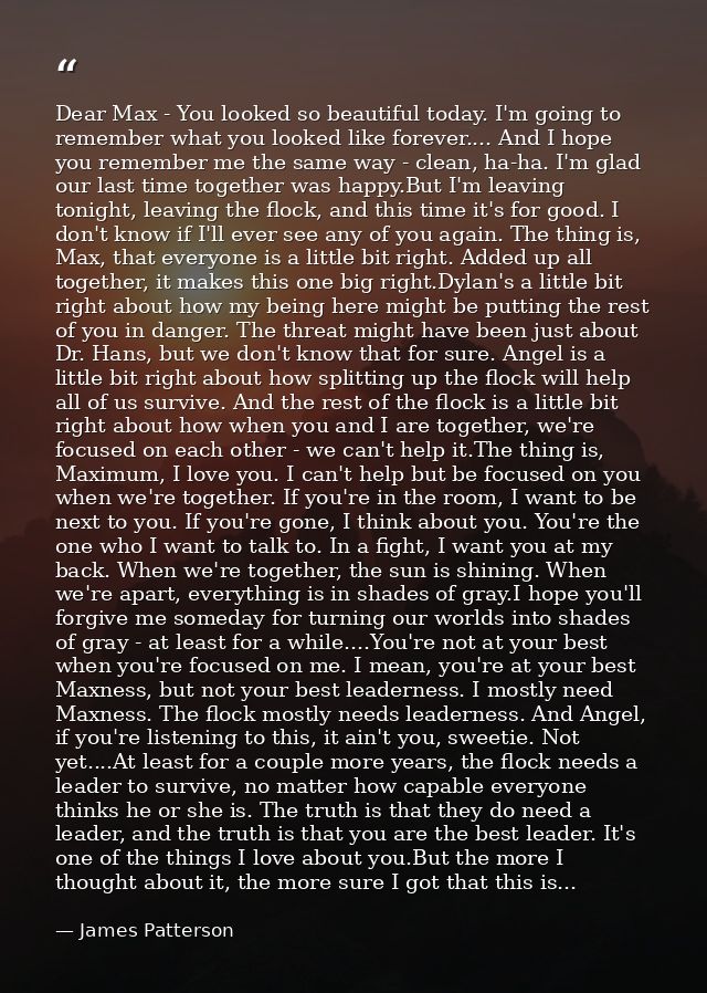 Dear Max - You looked so beautiful today. I'm going to remember what you looked like forever.... And I hope you remember — James Patterson