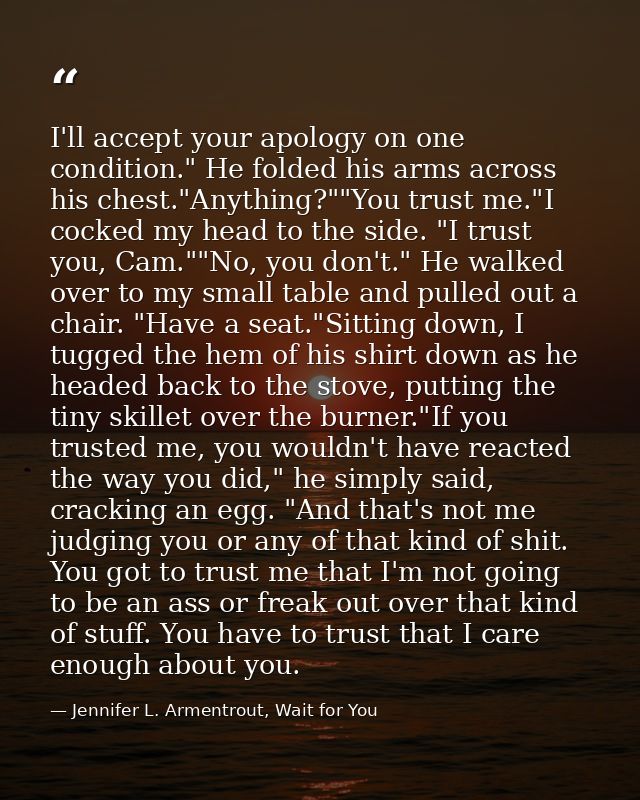 I'll accept your apology on one condition." He folded his arms across his chest."Anything?""You trust me."I cocked my he — Jennifer L. Armentrout, Wait for You