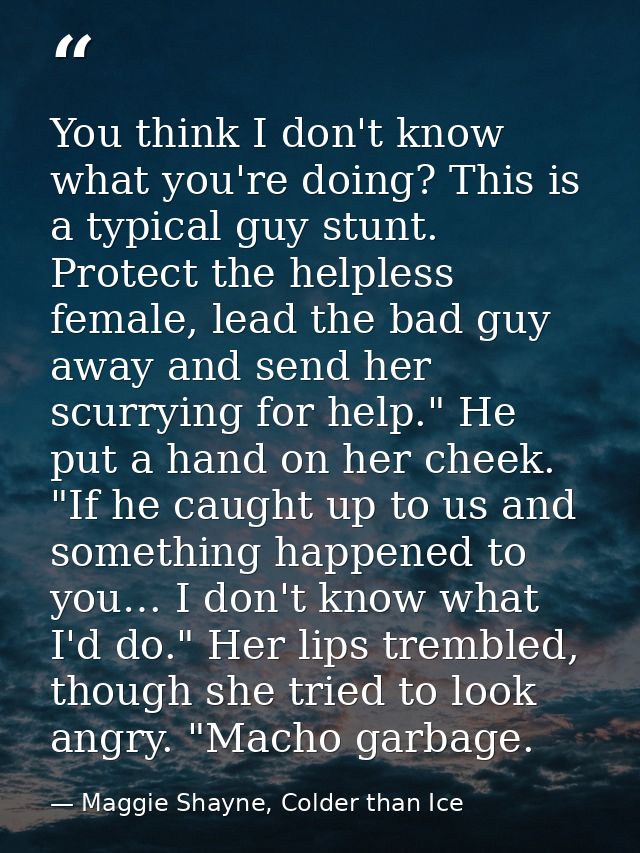You think I don't know what you're doing? This is a typical guy stunt. Protect the helpless female, lead the bad guy awa — Maggie Shayne, Colder than Ice
