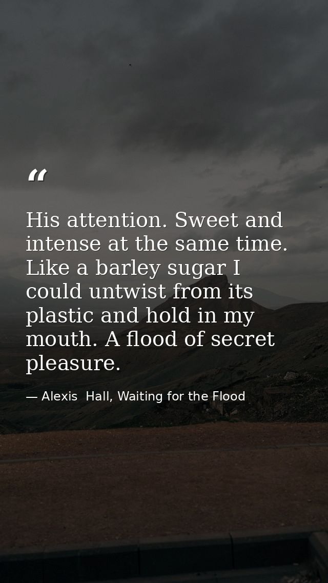 His attention. Sweet and intense at the same time. Like a barley sugar I could untwist from its plastic and hold in my m — Alexis  Hall, Waiting for the Flood