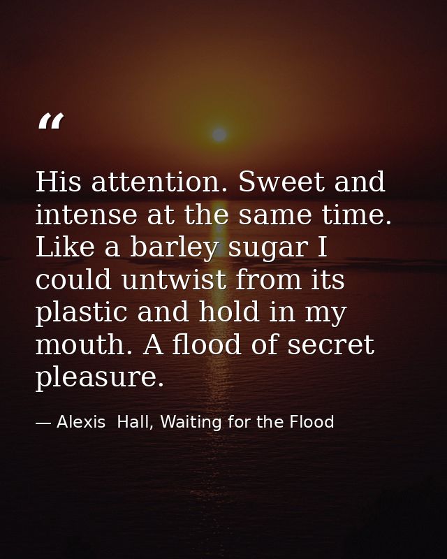 His attention. Sweet and intense at the same time. Like a barley sugar I could untwist from its plastic and hold in my m — Alexis  Hall, Waiting for the Flood