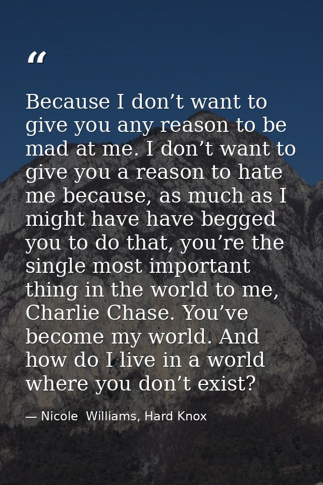 Because I don’t want to give you any reason to be mad at me. I don’t want to give you a reason to hate me because, as mu — Nicole  Williams, Hard Knox
