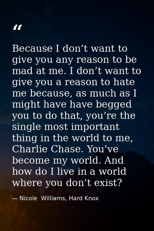 Because I don’t want to give you any reason to be mad at me. I don’t want to give you a reason to hate me because, as mu — Nicole  Williams, Hard Knox