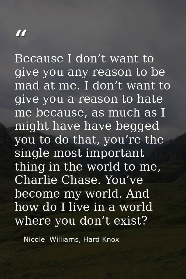 Because I don’t want to give you any reason to be mad at me. I don’t want to give you a reason to hate me because, as mu — Nicole  Williams, Hard Knox
