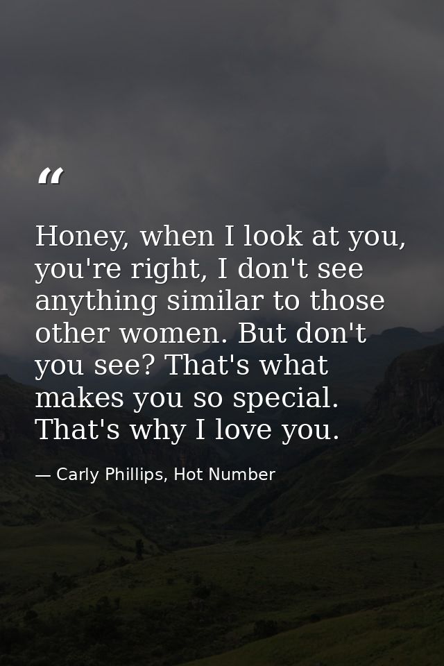 Honey, when I look at you, you're right, I don't see anything similar to those other women. But don't you see? That's wh — Carly Phillips, Hot Number